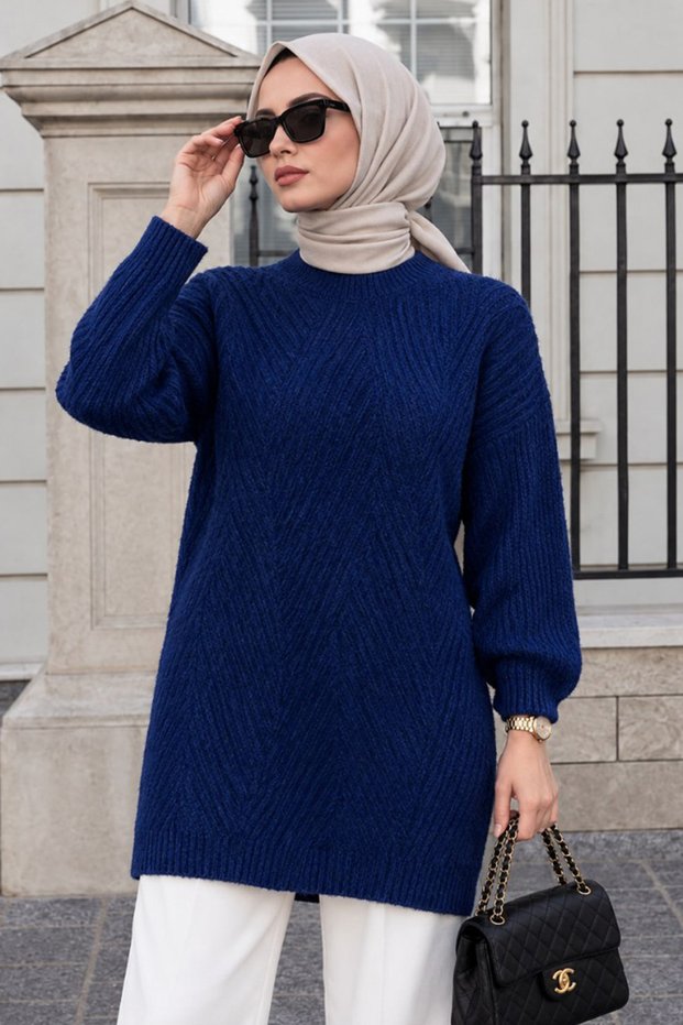 V Patterned Navy Blue Hijab Knitwear Sweater 60301L