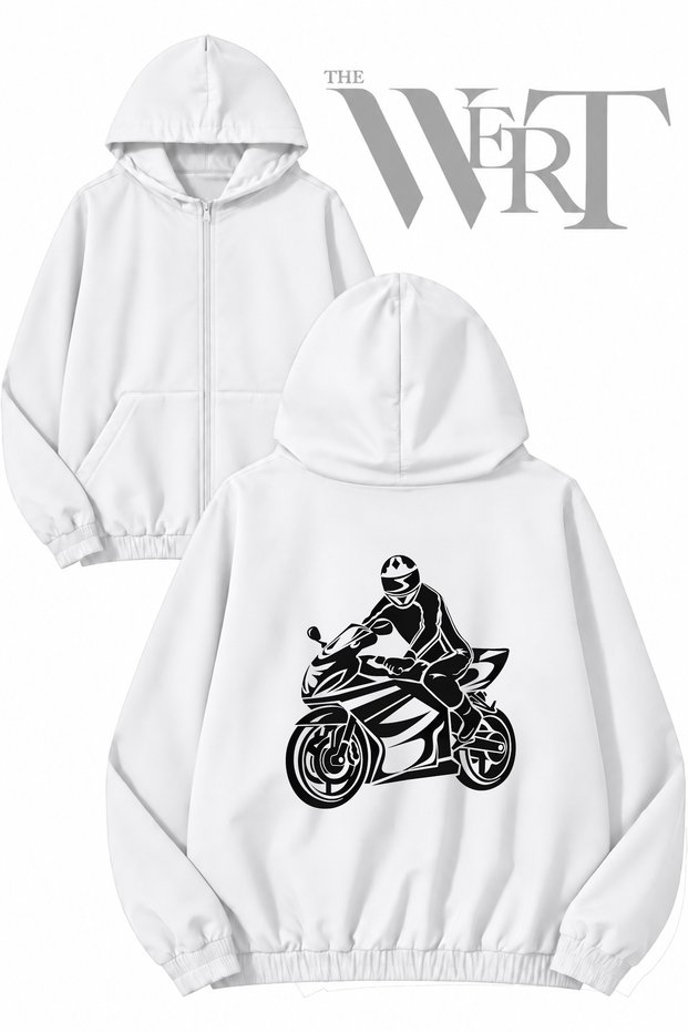 Racing Motorcycle Riding Man Back Printed Zippered Hooded White Cardigan (2 Yarns)