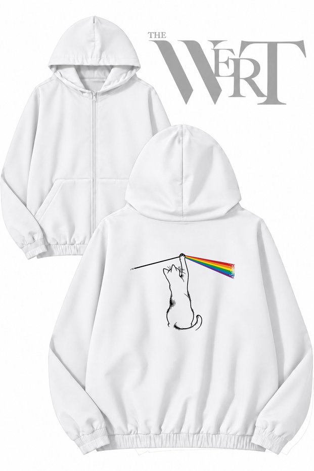 Lustige Katze Rock Back Printed Zippered Hooded White Cardigan (2 Yarns)