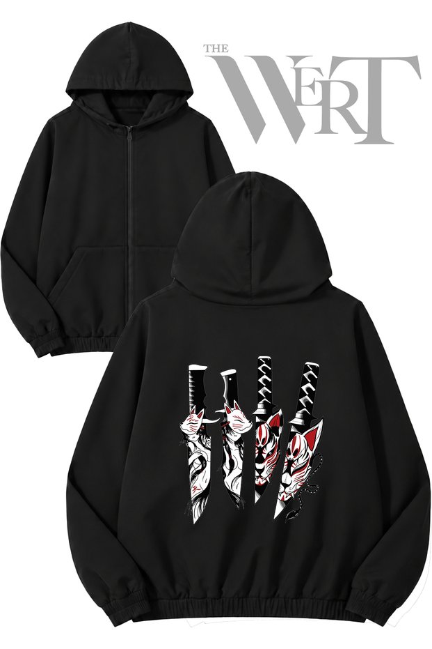 Knife Tiger Face Back Printed Zippered Hooded Black Cardigan (2 Yarns)