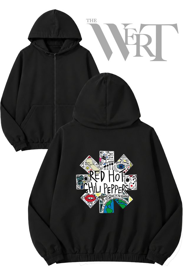 Red Hot Chili Peppers 8 Back Printed Zippered Hooded Black Cardigan (2 Yarn)
