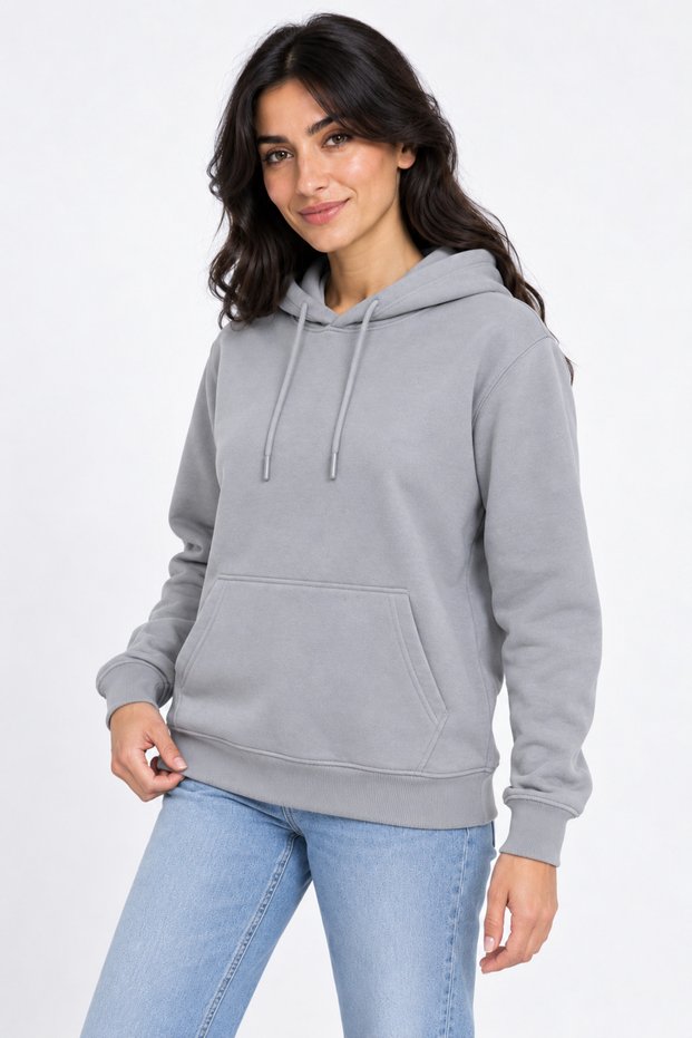 Women's Gray Hooded 3-Thread Sweatshirt with Kangaroo Pocket