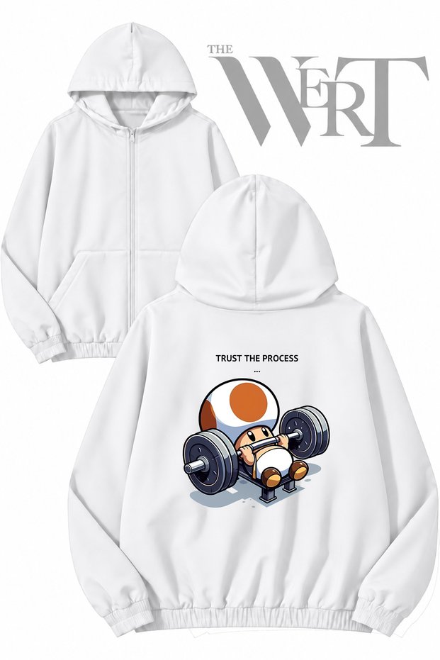 Mantar Gym Back Printed Zippered Hooded White Cardigan (2 Yarns)