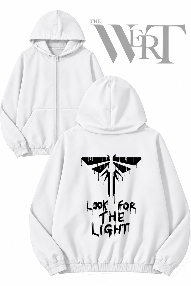 Look for the Light Back Printed Zippered Hooded White Cardigan (2 Yarns)