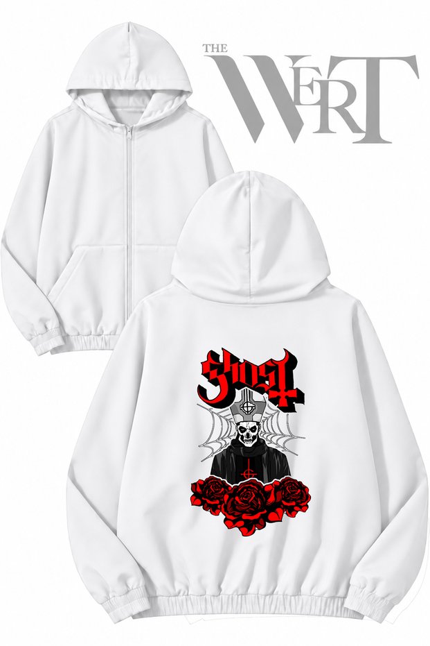 Ghost Band Back Printed Zippered Hooded White Cardigan (2 Yarns)