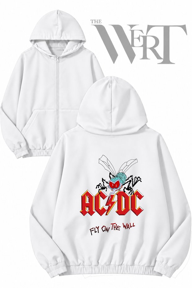 Ac Dc Fly on the Wall Back Printed Zippered Hooded White Cardigan (2 Yarns)