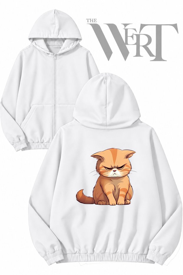 Angry Cat Back Printed Zippered Hooded White Cardigan (2 Yarns)