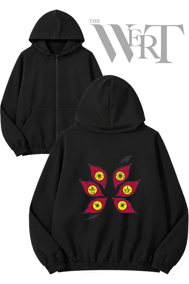 Kokushibo Demon Slayer Back Printed Zippered Hooded Black Cardigan (2 Yarn)
