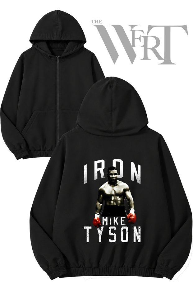 Mike Tyson 2 Back Printed Zippered Hooded Black Cardigan (2 Yarns)