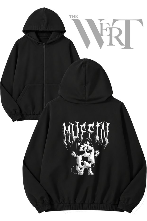 Muffin Bluey Metal Back Printed Zippered Hooded Black Cardigan (2 Yarns)