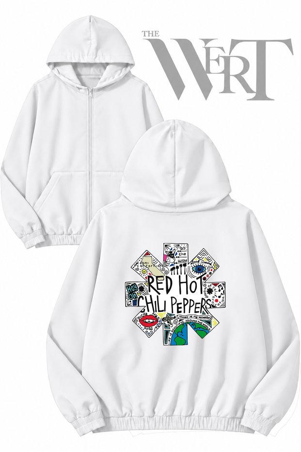 Red Hot Chili Peppers 8 Back Printed Zippered Hooded White Cardigan (2 Yarn)