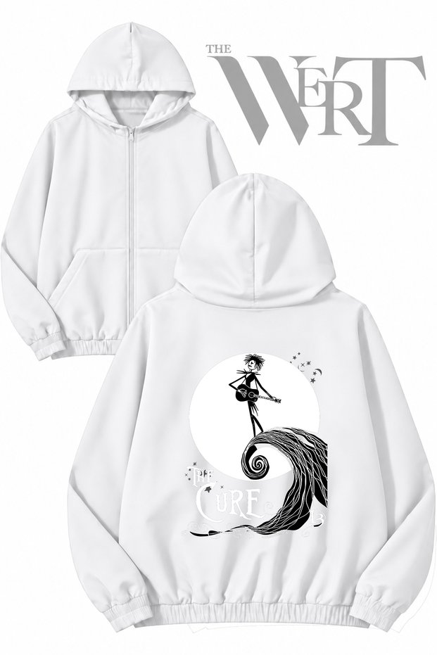 The Cure Back Print Zippered Hooded White Cardigan (2 Yarn)