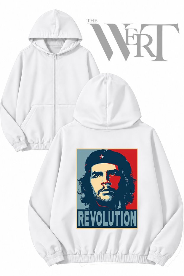 Che Guevara 2 Red Blue Back Print Zippered Hooded White Cardigan (2 Yarns)