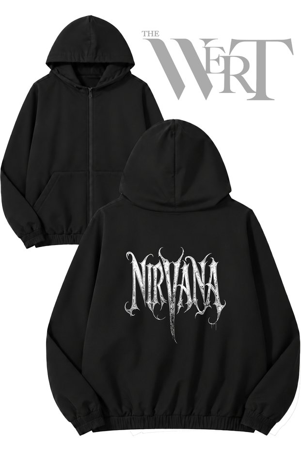 Nirvana 1 Back Printed Zippered Hooded Black Cardigan (2 Yarns)