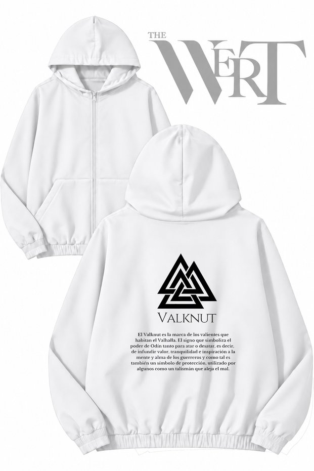 Valknut Viking Back Printed Zippered Hooded White Cardigan (2 Yarn)