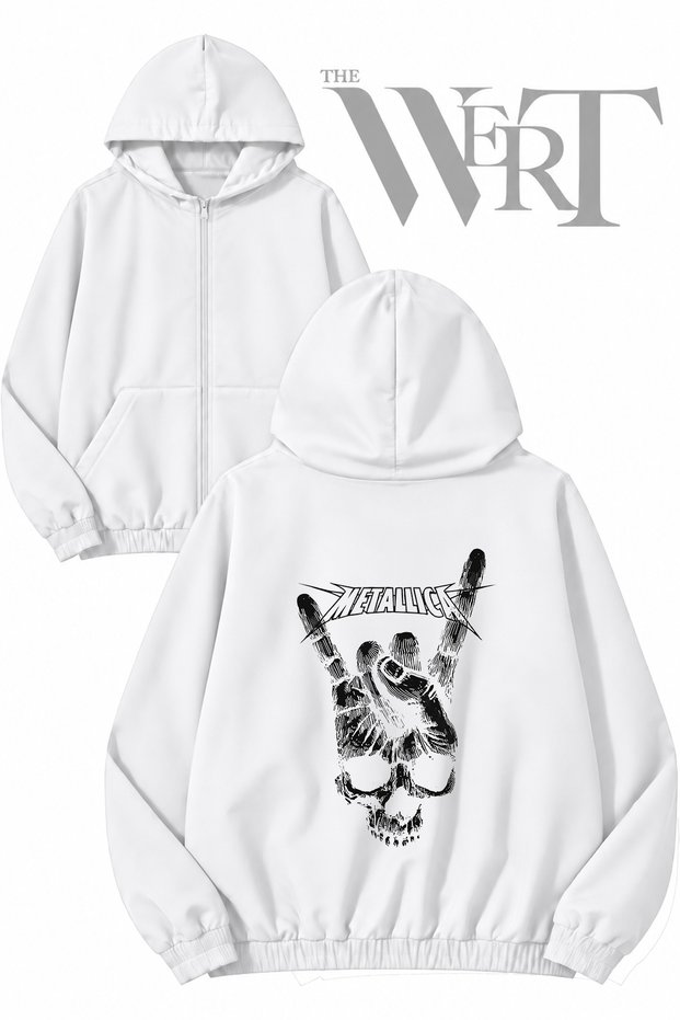Metallica Rock N Roll 2 Back Printed Zippered Hooded White Cardigan (2 Yarn)