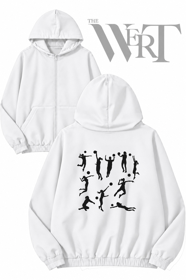 Volleyball 9 Back Printed Zippered Hooded White Cardigan (2 Yarn)