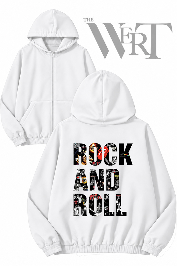 Rock Is Life Rock and Roll Back Printed Zippered Hooded White Cardigan (2 Yarn)