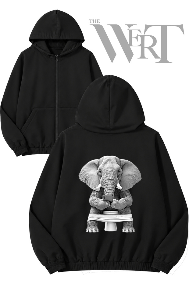 Elephant Toilet Back Printed Zippered Hooded Black Cardigan (2 Yarns)