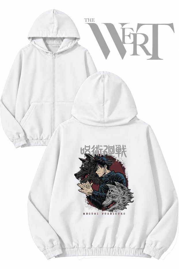 Megumi Fushiguro Wolf Anime Back Printed Zippered Hooded White Cardigan (2 Yarns)
