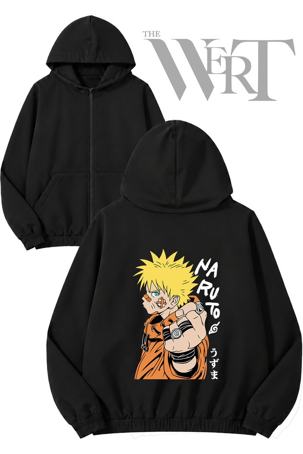 Naruto Anime Back Printed Zippered Hooded Black Cardigan (2 Yarns)