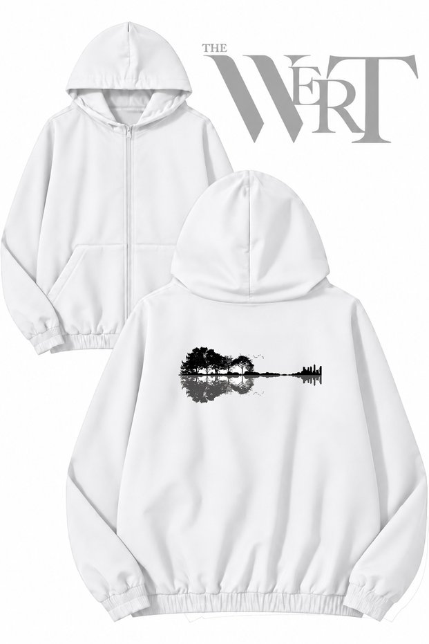 Doga Sehir Guitar Back Printed Zippered Hooded White Cardigan (2 Yarns)