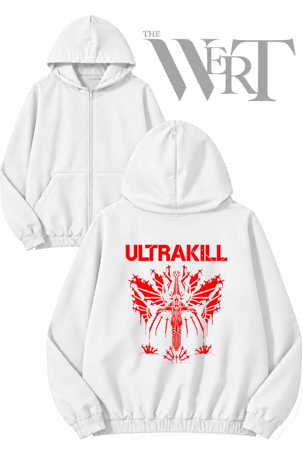 Ultrakill 4 Back Printed Zippered Hooded White Cardigan (2 Yarns)