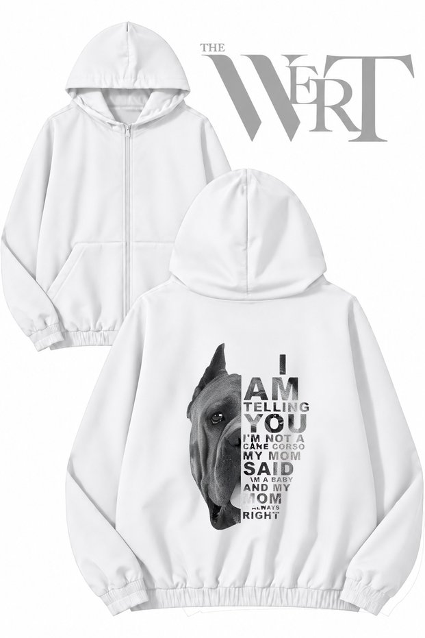Cane Corso Back Printed Zippered Hooded White Cardigan (2 Yarns)