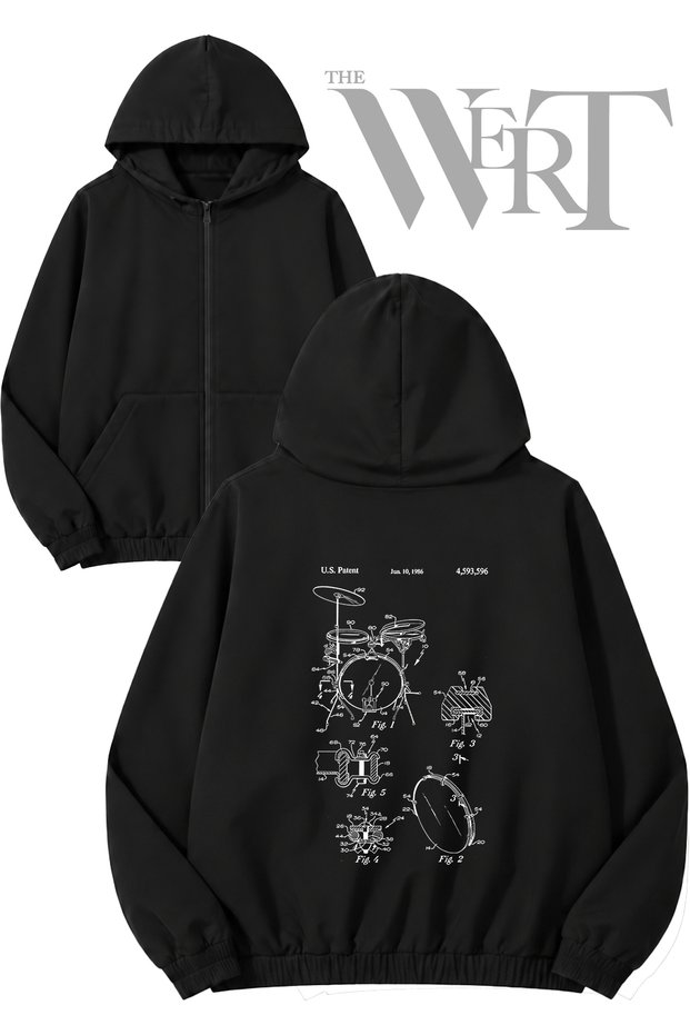 Drum Drum Music 8 Back Printed Zippered Hooded Black Cardigan (2 Yarns)