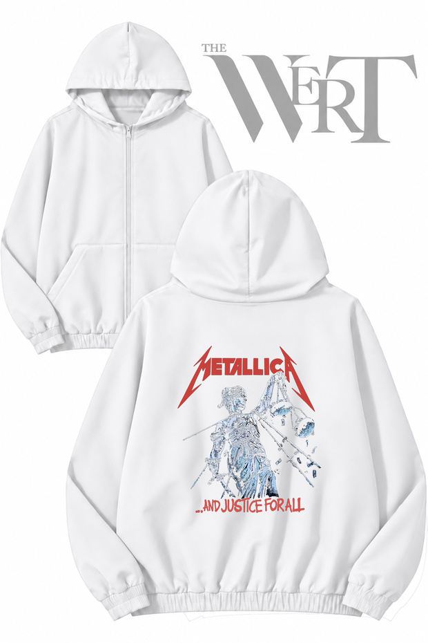 Men's Metallica and Justice Back Printed Zippered Hooded White Cardigan (2 Yarns)