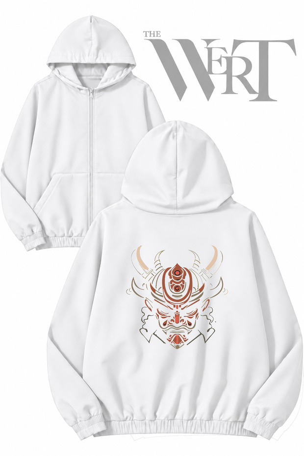 Viking Samurai Back Printed Zippered Hooded White Cardigan (2 Yarns)