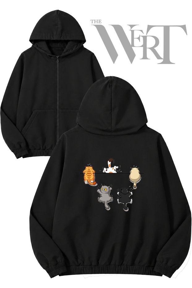 Climbing Cats Back Printed Zippered Hooded Black Cardigan (2 Yarns)