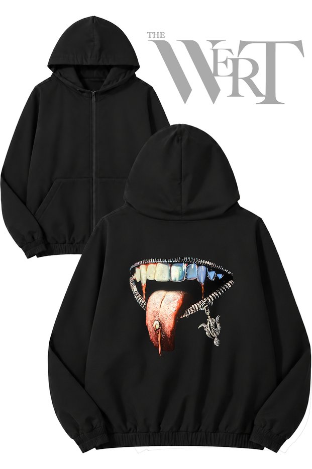 Silver Lip Back Print Zippered Hooded Black Cardigan (2 Yarns)