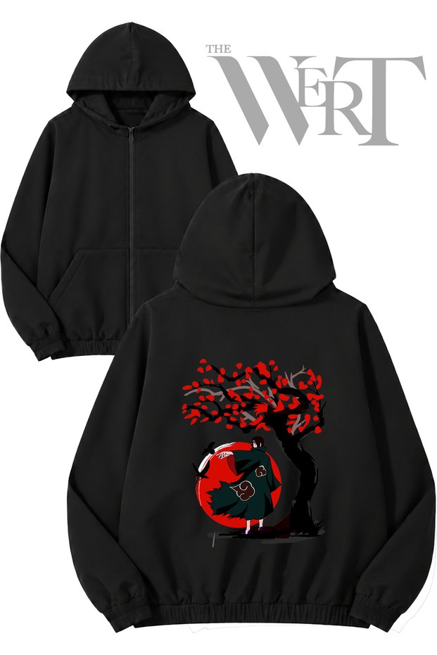 Uchiha Itachi Naruto 3 Back Printed Zippered Hooded Black Cardigan (2 Yarns)