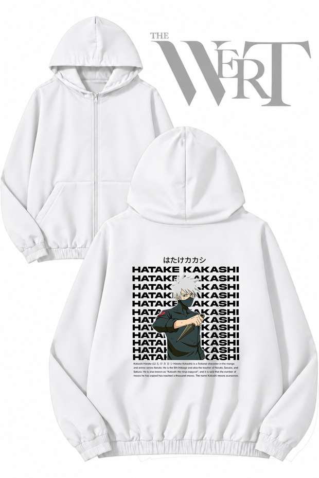 Hatake Kakashi Back Printed Zippered Hooded White Cardigan (2 Yarns)