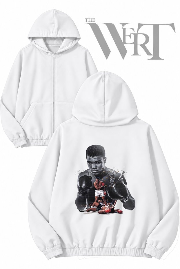 Muhammad Ali Boxing Back Printed Zippered Hooded White Cardigan (2 Yarn)