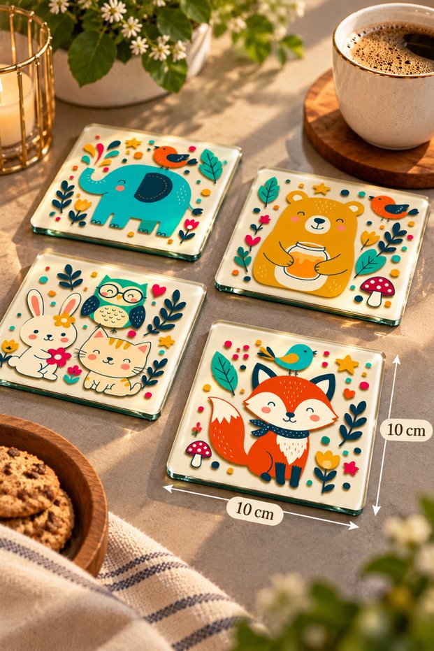 Glass Coaster |   Forest Animals Themed |   4-Piece Set |   10cm X 10cm