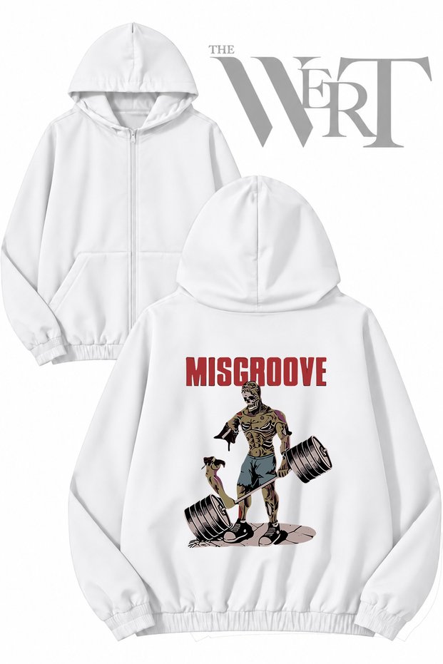 Body Building Zombie Back Printed Zippered Hooded White Cardigan (2 Yarns)