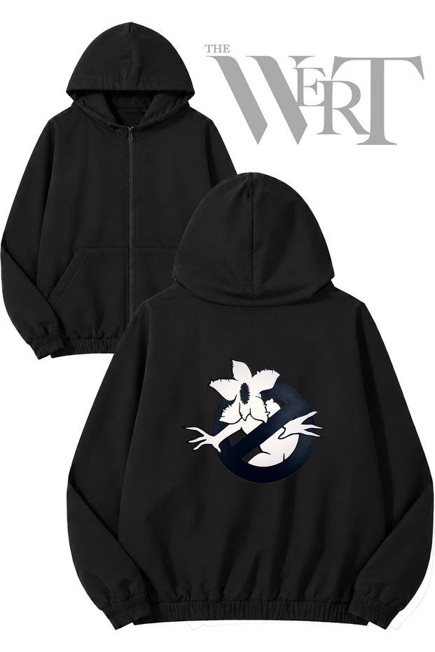 Tree Man Back Printed Zippered Hooded Black Cardigan (2 Yarns)