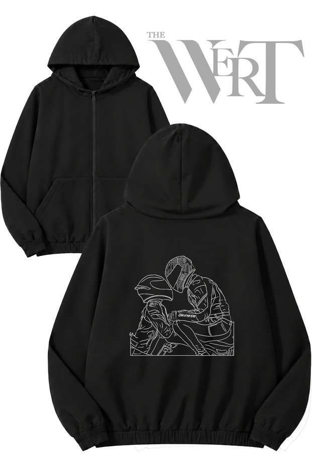 Motorcycle Lover Back Printed Zippered Hooded Black Cardigan (2 Yarns)