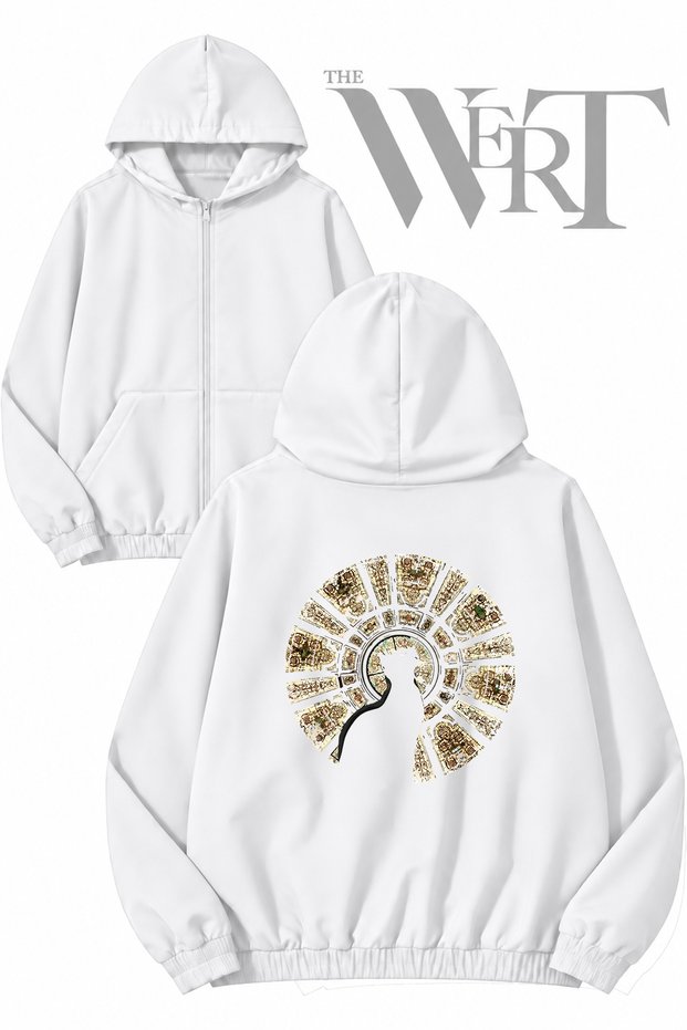Cat Back Print Zippered Hooded White Cardigan (2 Yarns)