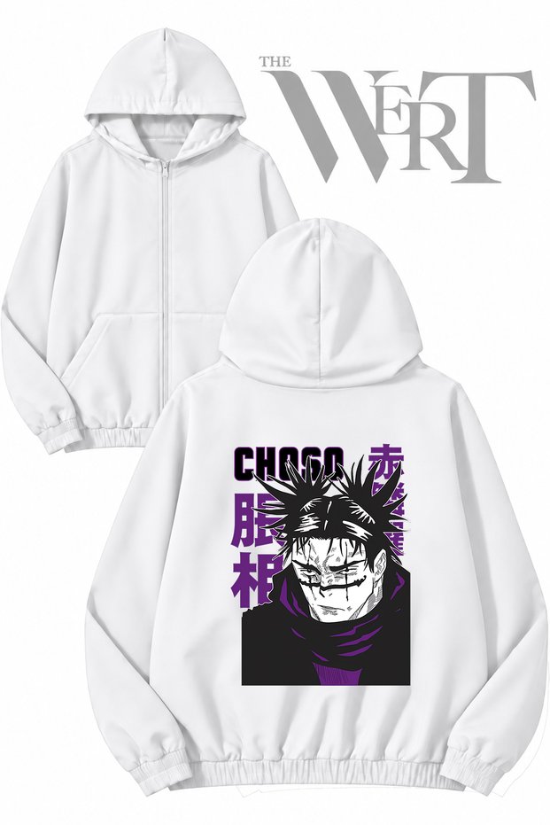 Jujutsu Kaisen 4 Back Printed Zippered Hooded White Cardigan (2 Yarns)