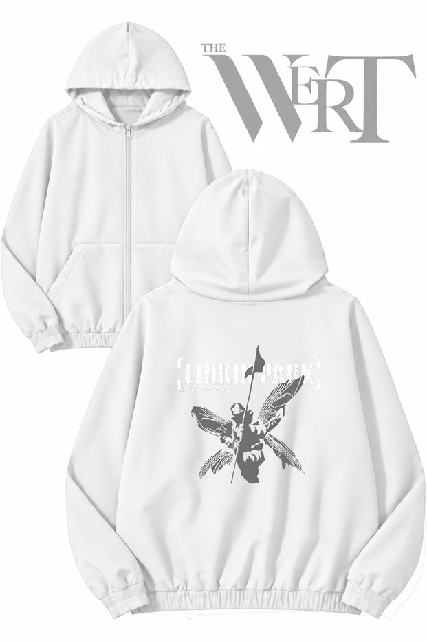 Linkin Park Soldier_1 Back Printed Zippered Hooded White Cardigan (2 Yarn)