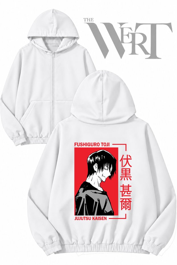 Jujutsu Kaisen Toji Back Printed Zippered Hooded White Cardigan (2 Yarns)