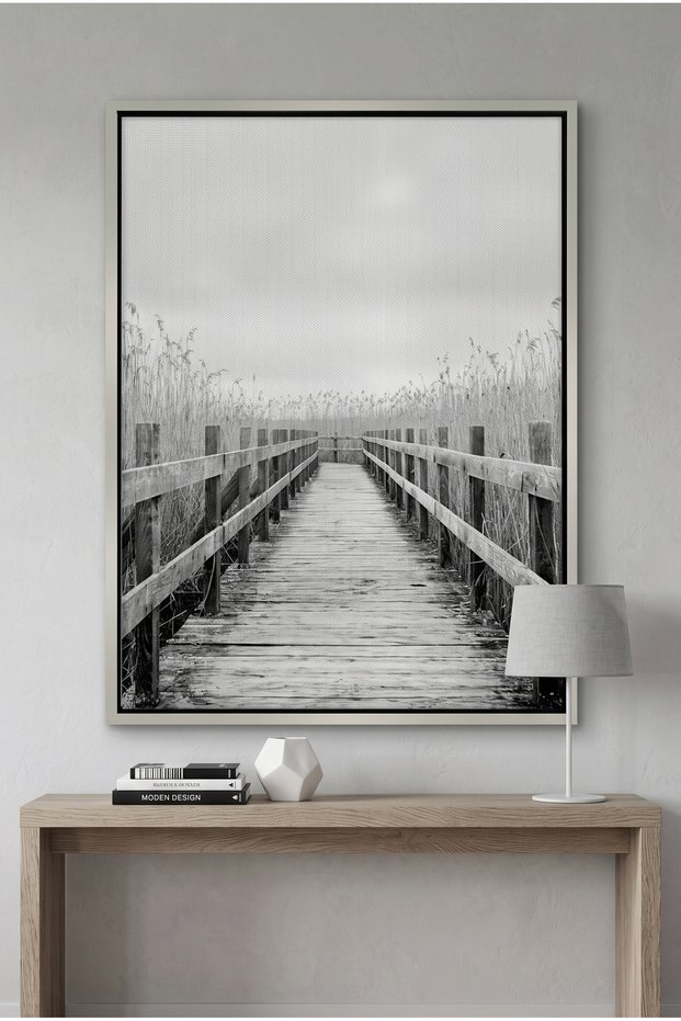 Monochrome Boardwalk Nature Wall Art | Portrait Framed Canvas Print | Luxury Modern Botanical Decor for Living Room