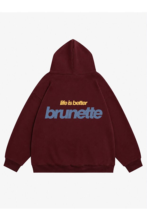 Women's Life Is Better Brunette Printed Hooded Fleece Oversize Sweatshirt