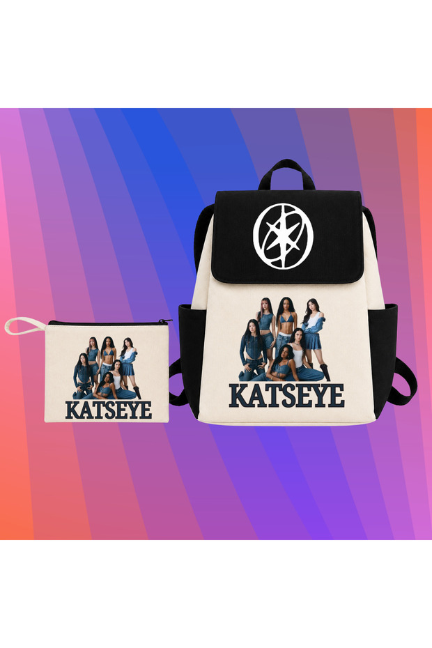 Katseye College Model Side Pocket Cotton Premium Printed School Backpack Pen Holder Set