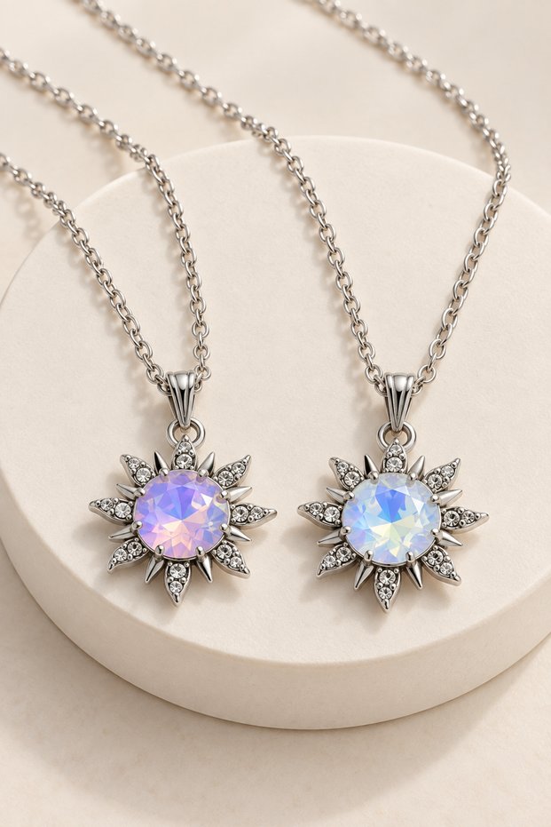 2-Piece Zircon Stone Necklace Set, Silver Color Chain Necklace with Shiny Stone Figures