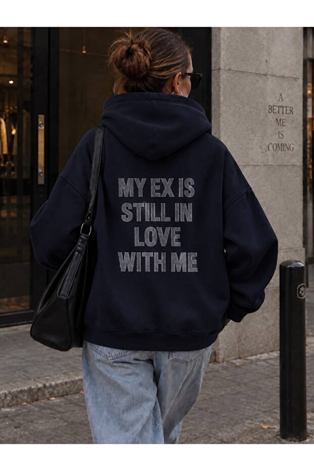 Women's Ex Love Stone Printed Hooded Oversize Sweatshirt