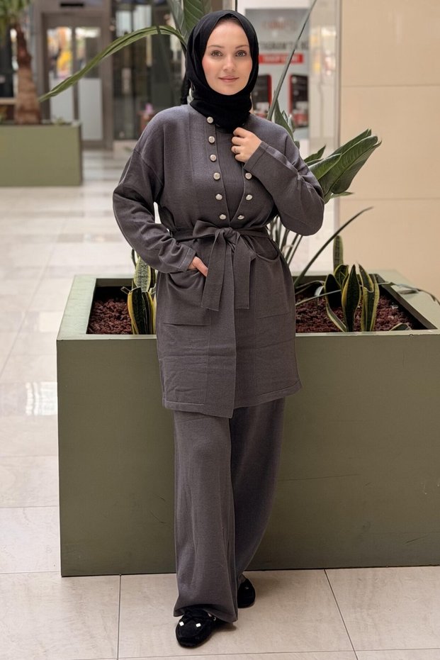Fuat Gürşen Cardigan 3-Piece Set with Bow and Button Detail